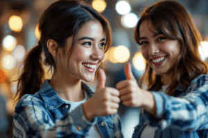 A young woman encouraging her friend with a supportive smile and thumbs-up