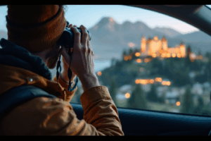 A traveler looking at a distant hotel through binoculars or from a car window