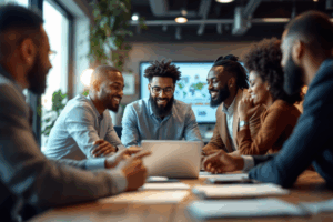 A diverse team of professionals in a conference room, collaboratively reviewing a global business presentation