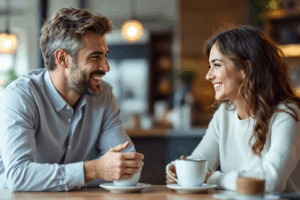Two people engaging in a warm conversation over coffee, smiling and nodding