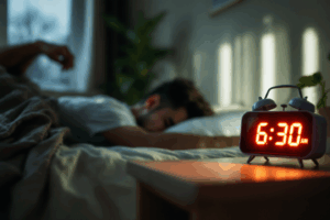 A morning scene of a man stretching next to his bed, a digital alarm clock showing 6:30 AM