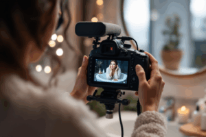 A micro-influencer filming a skincare routine in a cozy, well-lit bathroom. 