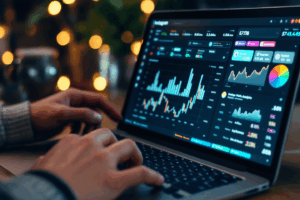 A digital marketer analyzing Instagram Shopping analytics on a laptop screen