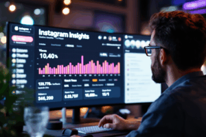 A social media manager reviewing Instagram Insights on a large monitor displaying detailed metrics—view counts, likes, comments, shares, and watch times for Reels and Stories