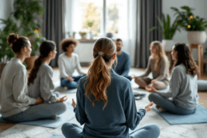 A group of individuals in a mindfulness class, sitting in a circle with a calming instructor in a serene room