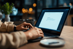 A professional drafting personalized outreach emails on a laptop.
