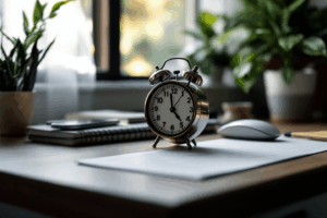 A peaceful workspace with a timer and a simple desk setup