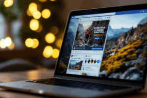 An outdoor gear brand’s Facebook ad campaign displayed on a laptop showing interest-based targeting for hiking, climbing, and outdoor activities. 
