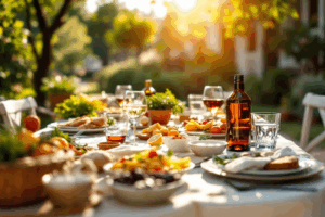 A bright, sunlit outdoor dining table set with a Mediterranean spread