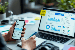 A modern digital workspace with a laptop showing charts, SEO tools, and social media dashboards