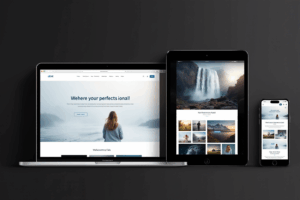 A website preview displayed across various devices—laptop, tablet, and smartphone—all showing a responsive layout adjusting perfectly to each screen. 