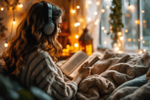 A cozy reading nook with a person immersed in a book or podcast on mindfulness