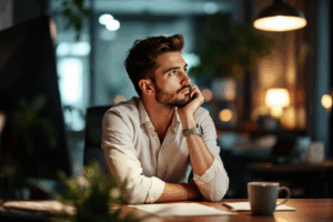 a person sitting at a desk thinking