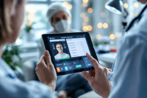 A patient undergoes a check-up in a clinic, with a doctor pointing at thyroid function test results on a tablet