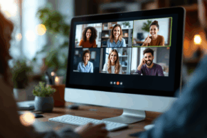 a group of people in an online support group meeting, interacting via video chat on a computer screen