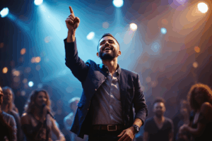 A singer performing with confidence in front of a group, hitting a high note