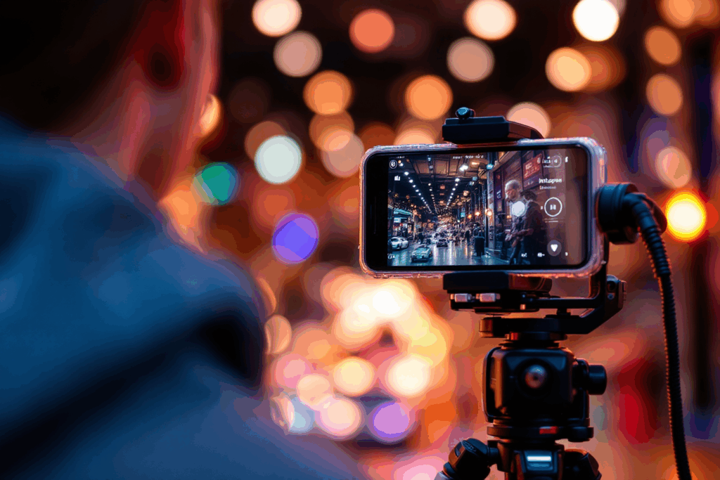 A social media creator filming a vibrant Instagram Reel using a smartphone mounted on a tripod
