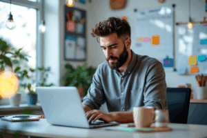 A content creator at a bright workspace drafts an article while a calendar behind them