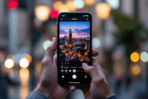 A social media creator strategically adding hashtags and location tags to their Instagram Reel and Story on a smartphone.