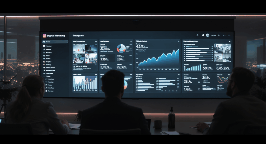 A digital marketing team analyzing Instagram analytics on a large screen in a modern office