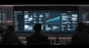 A digital marketing team analyzing Instagram analytics on a large screen in a modern office