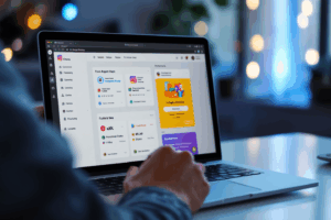 A digital marketer reviewing a dashboard on a laptop showcasing various Instagram Shopping features