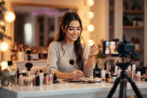 A beauty influencer filming a makeup tutorial using The Beauty Brand’s products, captured as an Instagram Reel. 