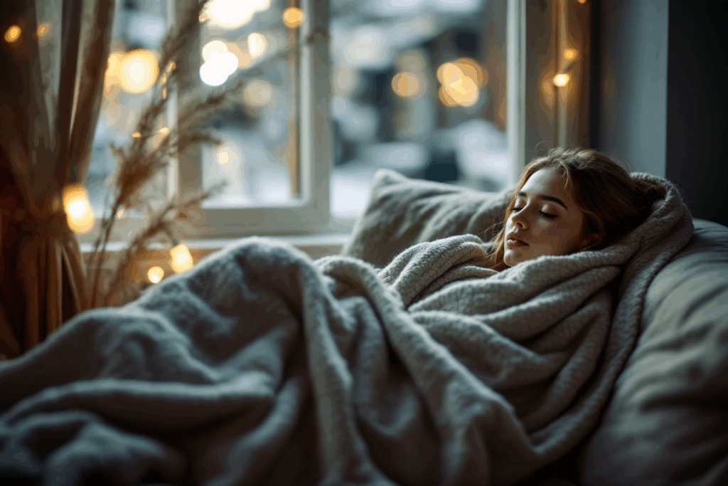 A young woman sits curled up on a sofa near a window, wrapped in a blanket