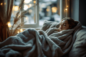 A young woman sits curled up on a sofa near a window, wrapped in a blanket