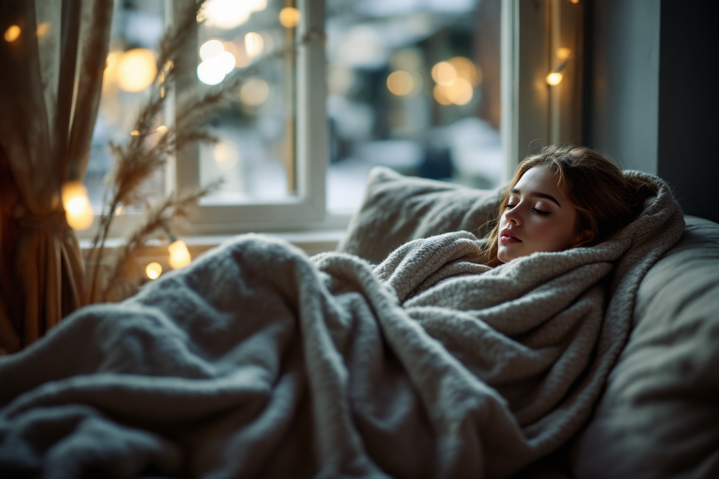 A young woman sits curled up on a sofa near a window, wrapped in a blanket