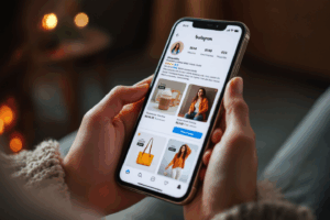 A consumer browsing Instagram on a smartphone, tapping on vibrant shoppable posts with visible product tags and prices. 