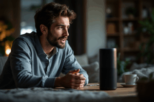 A person at home speaking to a smart speaker