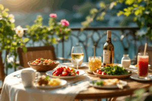 A peaceful lunch scene on a sunny balcony, featuring Mediterranean dishes