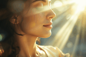 A gentle, nurturing image of someone meditating with a serene expression, with soft rays of light illuminating them.
