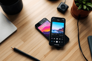 A creator’s desk showcasing multiple devices: one phone playing an Instagram Reel with trending music