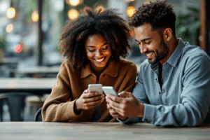 A balanced, positive scene where people are using their phones to connect meaningfully with others