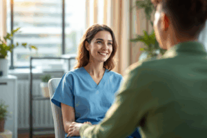 A medical illustration-style scene showing a person seated in a therapy session