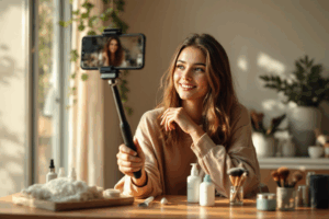 An influencer filming a natural, candid Instagram video in their own style with brand products integrated seamlessly. 