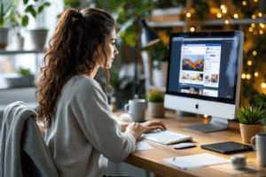 A small business owner managing Facebook ad campaigns from a cozy home office