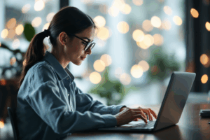 A business professional reviewing a document on their laptop