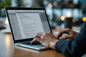 A business professional sitting at a desk, drafting an email with a well-organized structure on their laptop.