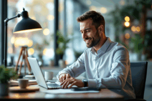 A business professional sitting at a desk, drafting a concise email on a laptop