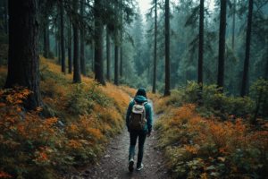 A person standing on a hiking trail in a vast forest