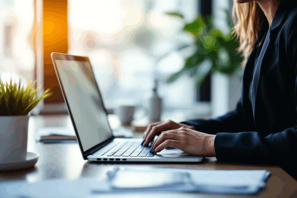 A business professional sitting at a desk, drafting a well-crafted email on a laptop