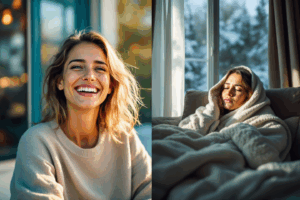 The left panel shows a woman smiling, active, and enjoying time outside in the sun during summer. The right panel shows the same woman during winter—indoors, curled up under a blanket with drawn curtains, visibly sad and unmotivated