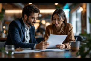 A brand manager and influencer sitting together at a table, reviewing a collaboration agreement document.
