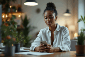 A calm, focused individual sitting at a desk, taking a break from their phone, practicing mindfulness or self-care