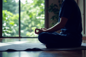 an individual sitting cross-legged on a peaceful mat in a calm, serene environment, such as a quiet room or a nature setting