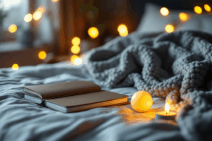 A calming setup for managing anxiety: a journal, stress ball, and a weighted blanket on a cozy bed, with soft lighting to create a peaceful atmosphere.