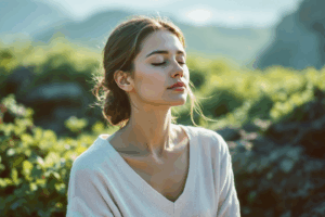 a person practicing mindfulness, such as sitting calmly with eyes closed and breathing deeply, in a serene, natural setting